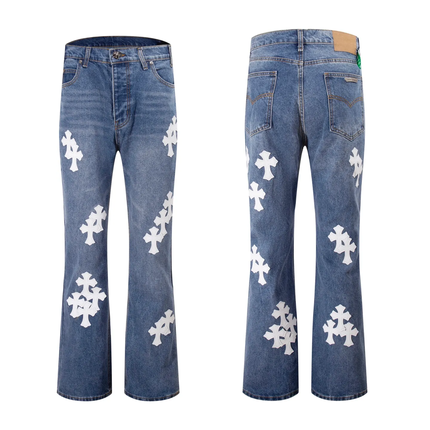 P220 Style number: H23 Croxin & 𝐂𝐡𝐫𝐨𝐦𝐞 𝐇𝐞𝐚𝐫𝐭 ss25 blue trousers, white leather, bootcut button jeans, styles with different wash textures, very friendly to people with thin legs, and the bootcut style perfectly modifies the leg shape The timeless and moderate length makes it easy to match and match. It is the basis for various styles and is a must-have in your wardrobe! The fabric is stiff but also makes the upper body soft without losing texture. The washing process is even more perfect. It is a must-have item for everyone! ! ! Washed wheat, hang tag, pants label, three labels complete Color: blue Size: 28-30-32-34-36